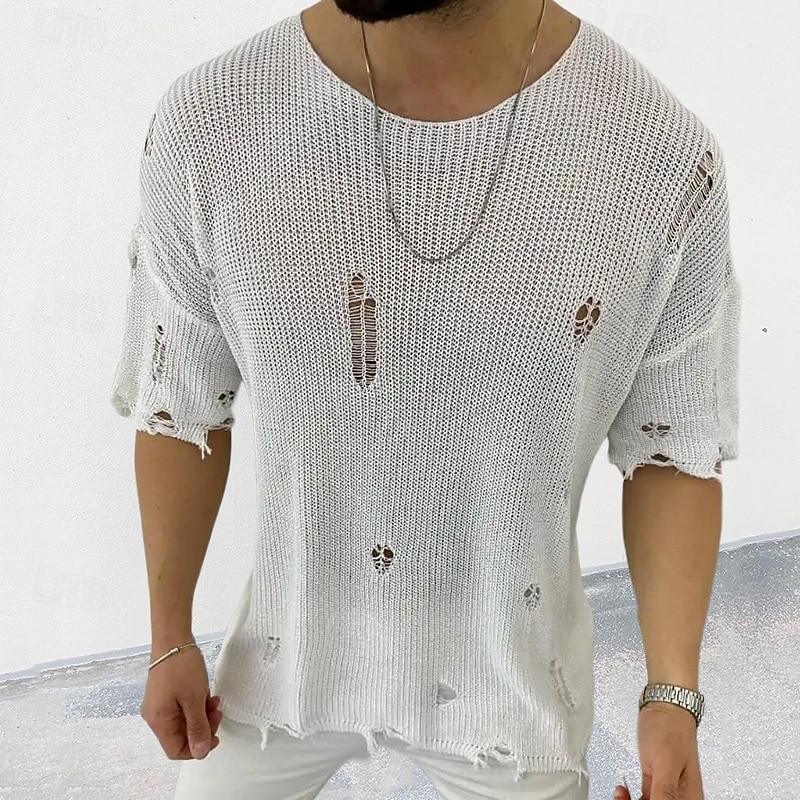Herre Pullover genser Strikket genser Riflet Strikke Vanlige topper Strikket Hull عادي Crew-hals Mote Grunnleggende Feriereise Dagligdagstøy Klær Sommer Svart Hvit M L XL 2025 - $32.99 –P4