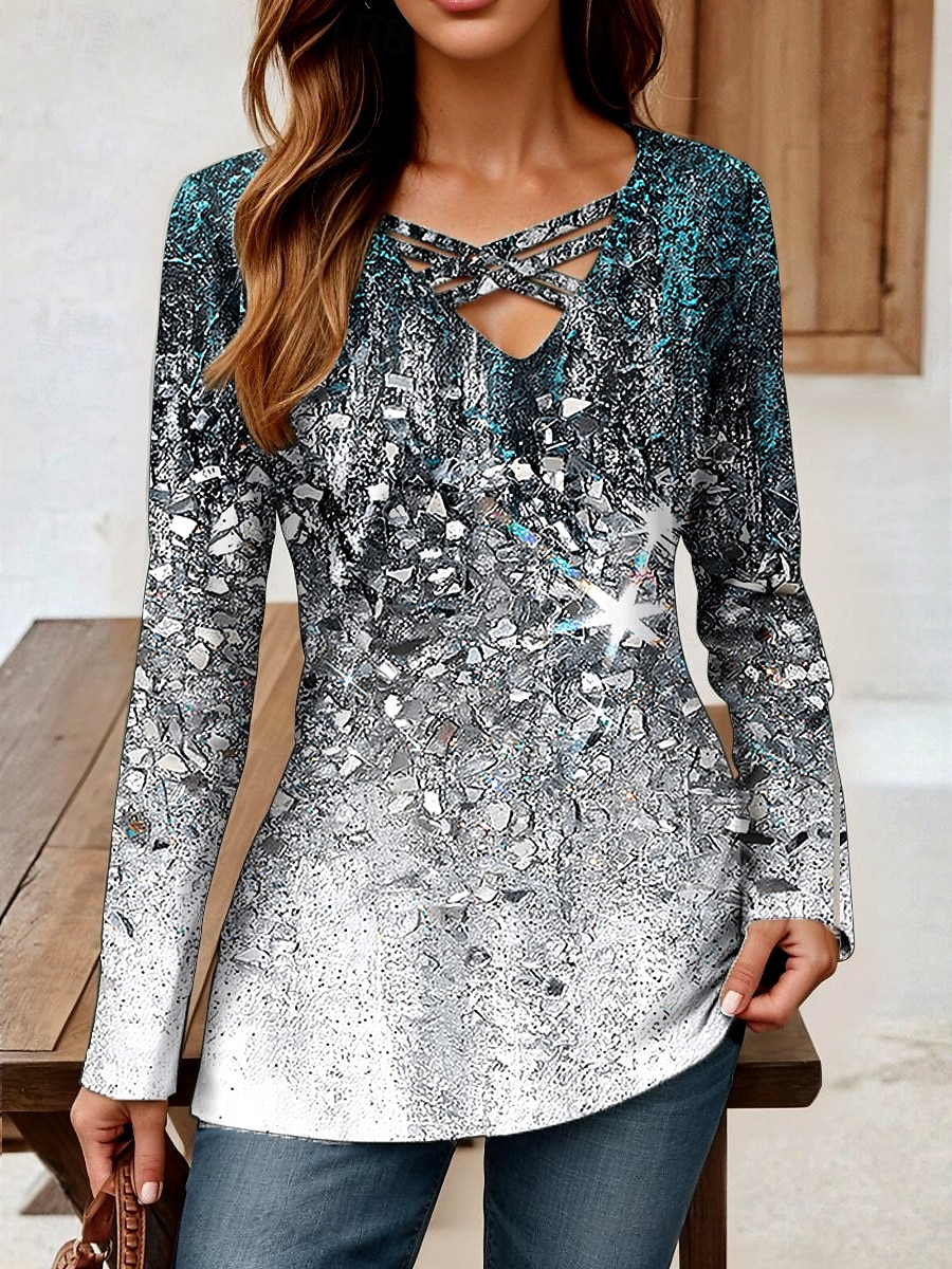Mulheres Camiseta Âmbar Gráfico Abstrato Vintage à moda Clássico Manga Longa Decote V Tops regulares Diário Com Corte Imprimir Cinzento Escuro Primavera Outono Inverno de 2025 por $22.99 –P1