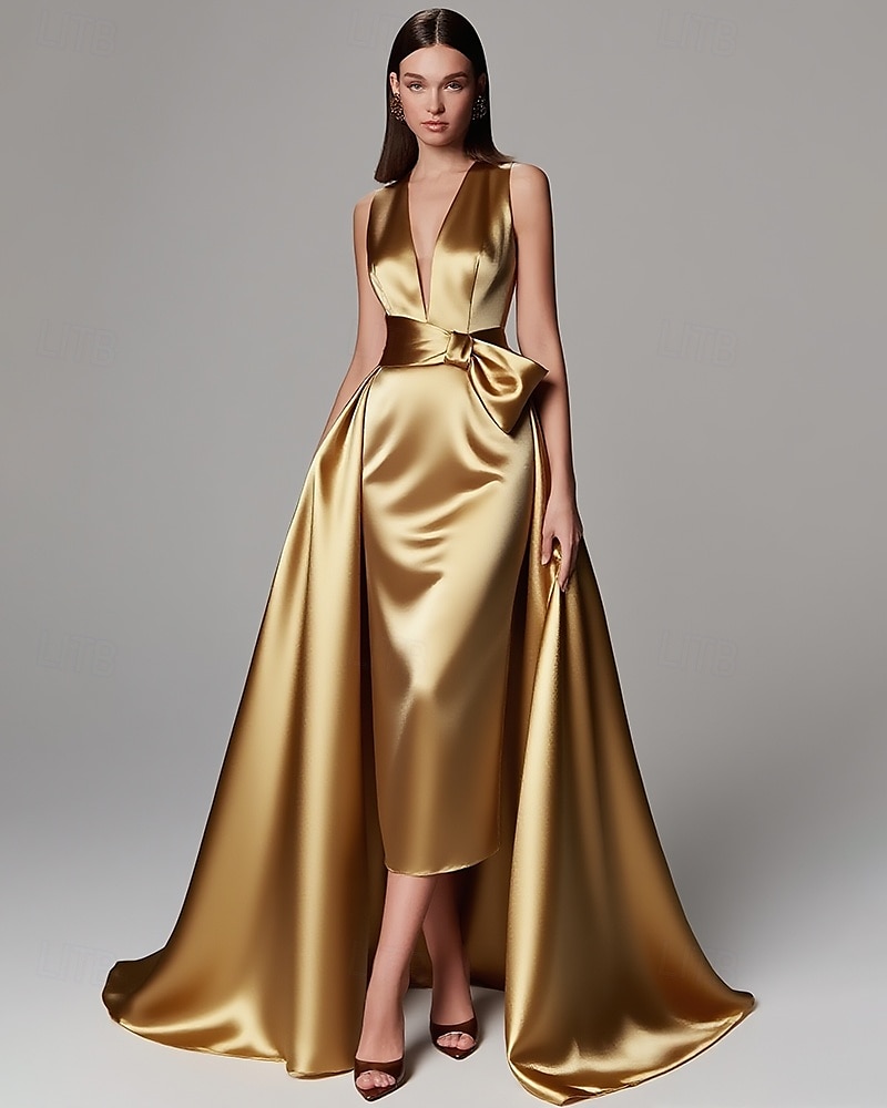 Rochie de seară elegantă, verde auriu, în linie A, rochie formală de nuntă, lungime până la podea, fără mâneci, decolteu în V, culoarea șampanie, rochie de seară pentru mama miresei, satin elastic cu 2025 - $137.99 –P1
