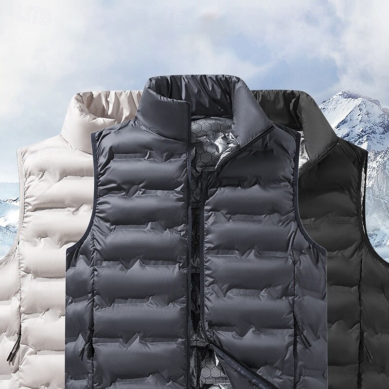 Men's Hiking Vest Winter Vest Puffer Vest Sleeveless Vest Outdoor Thermal Warm Winter Zipper Polyester Black Khaki Dark Blue Hunting Fishing Climbing 2025 - $42.99 –P1
