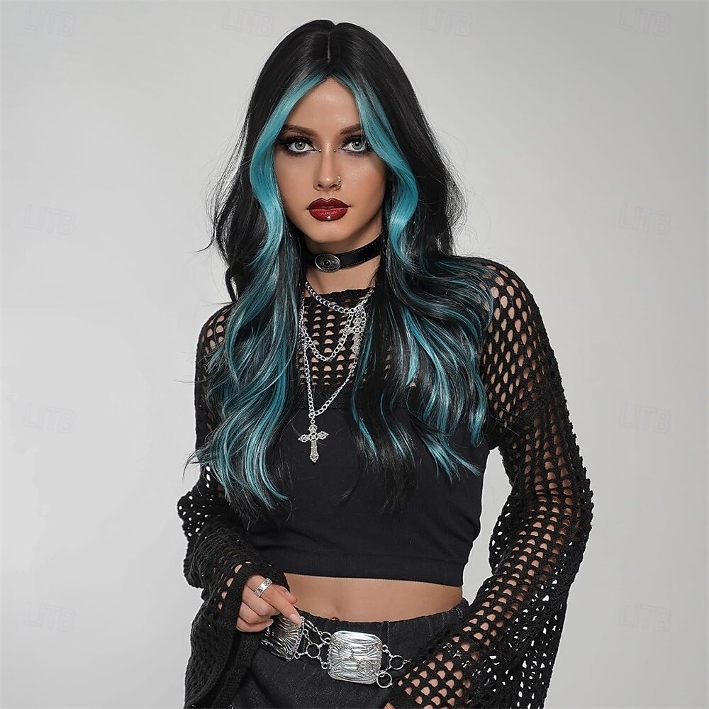 Perruque synthétique longue ondulée à reflets noirs et rouges avec frange rideau de 26 pouces, résistante à la chaleur et aux racines foncées, pour femme, idéale pour Halloween, cosplay ou fête. de 2025 ? $26.99 –P2
