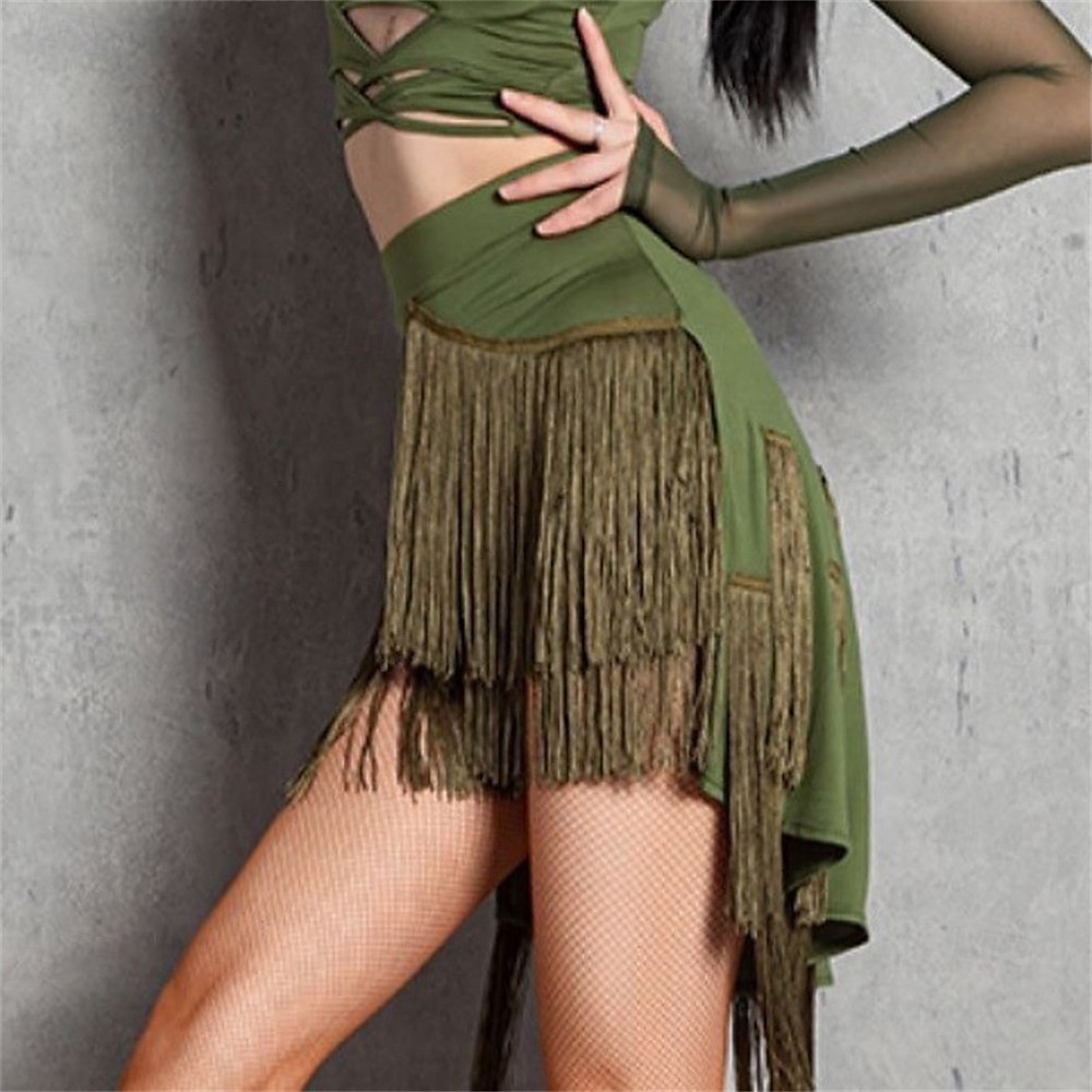 Minifalda negra con flecos y pantalones cortos para mujer, elástica, para rave, discoteca, baile latino, salsa 2025 - $35.99 –P6