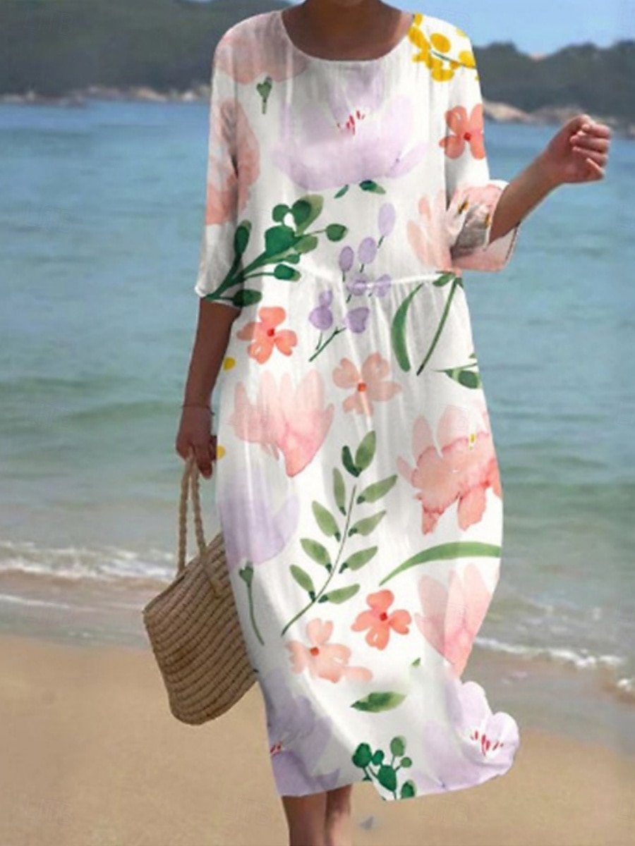 Damen Midikleid Freizeitkleid Druckkleid Mode Modern Täglich Strand Wochenende Normale Passform Blumen Dreiviertelarm Rundhalsausschnitt Weiß Rosa Violett Purpur Sommer Frühling Herbst 2025 - $31.99 –P2
