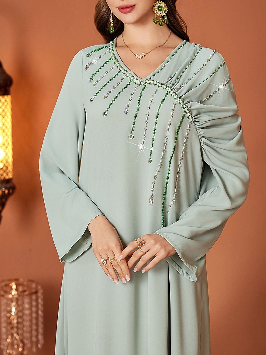 Ligne A Robe de Mère de Mariée  Élégant Col en V Longueur au sol Chiffon manche longue avec Cristaux 2025 de 2025 ? $119.99 –P5
