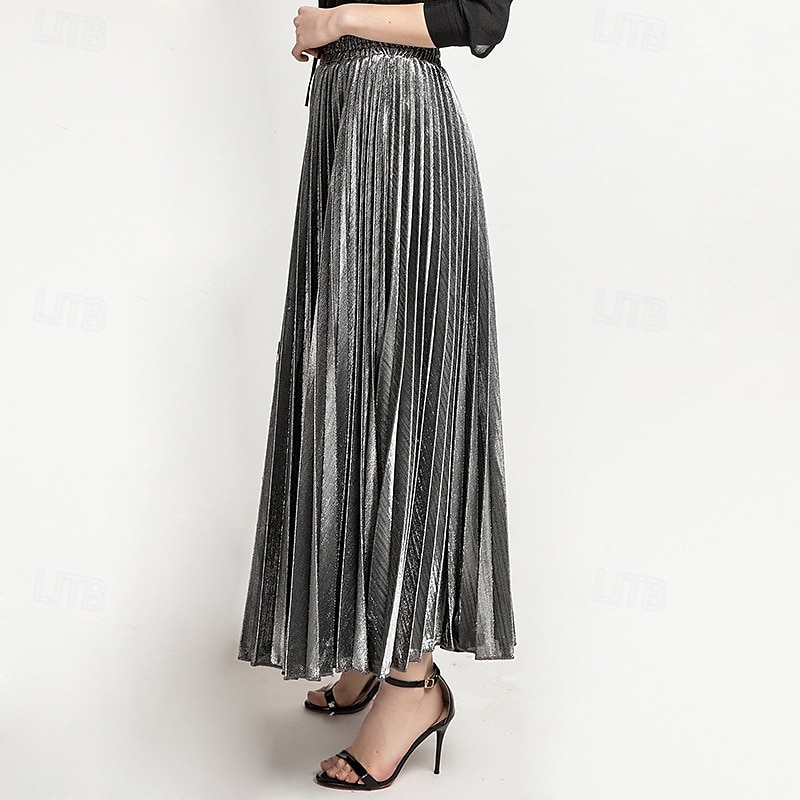 Femmes Jupe Mode Occasionnel Maxi Taille haute Jupes Uni Plissé Micro-Élastique Décontracté Quotidien Week-end Argent Noir Dorée Rouge Été Polyester de 2025 ? $19.99 –P12