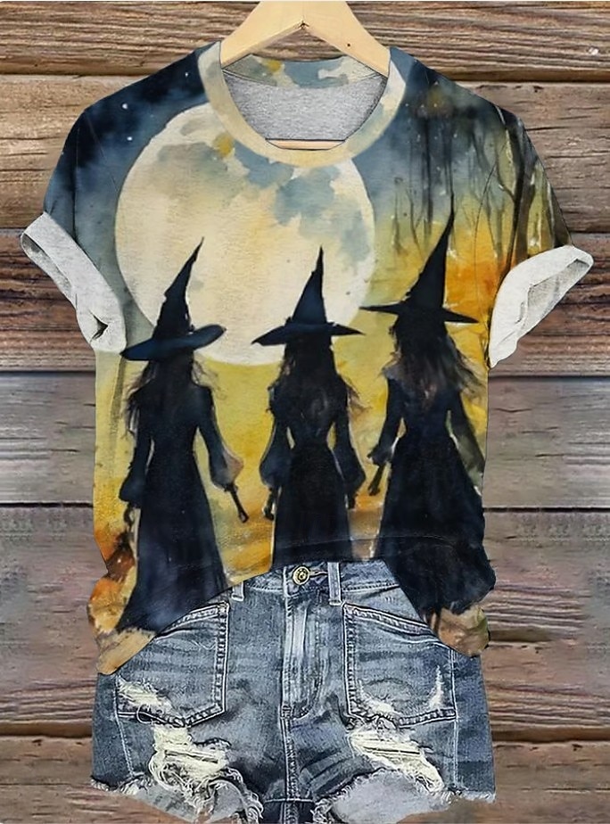 Halloween Dámské Tričko Grafika předvečer Všech svatých Čarodějnice Vinobraní stylové Klasické Krátký rukáv Tričkový Běžné topy Denní Víkend Tisk Šalvějová zeleň Žlutá Vodní modrá Oranžová Šedá Léto 2025 - $19.99 –P4