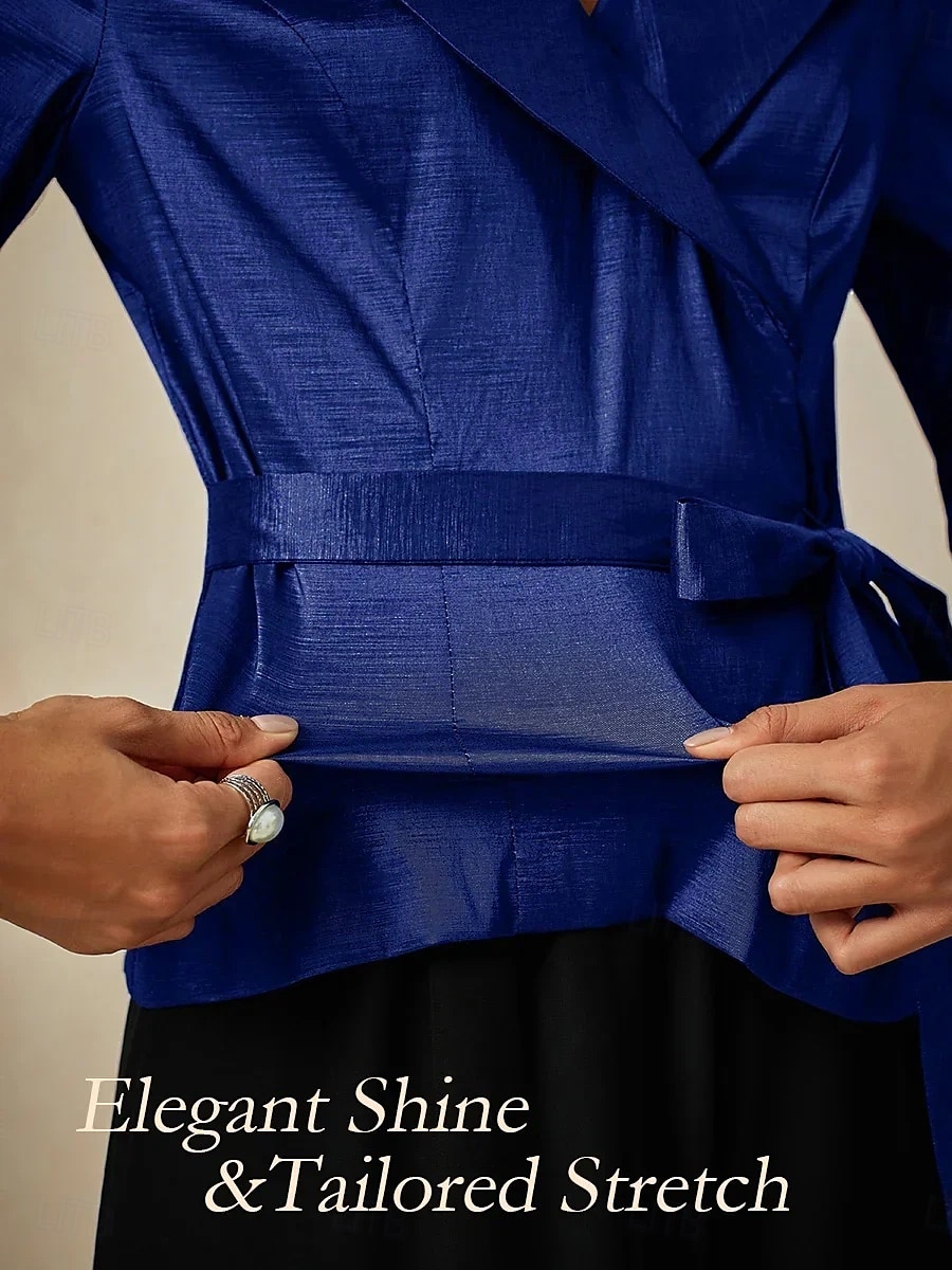 Two Piece Pantsuit Mother of the Bride Wedding Guest Elegant Simple Tailored Lapel Floor Length Chiffon Stretch Satin Long Sleeve with Sash / Ribbon Solid Color 2025 2025 - $132.99 –P2