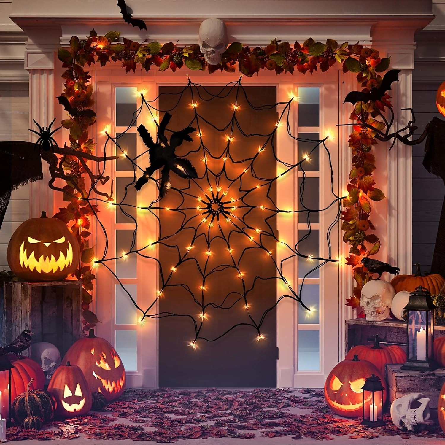 1 τεμάχιο διάμετρος 1m 70 χάντρες led για το Halloween με ιστό αράχνης, ανοιχτό μωβ πορτοκαλί, ζεστό φως, κουτί μπαταρίας usb, τροφοδοτικό, τηλεχειριστήριο, εσωτερικός και εξωτερικός χώρος, πάρτι, 2025 - $20.99 –P9