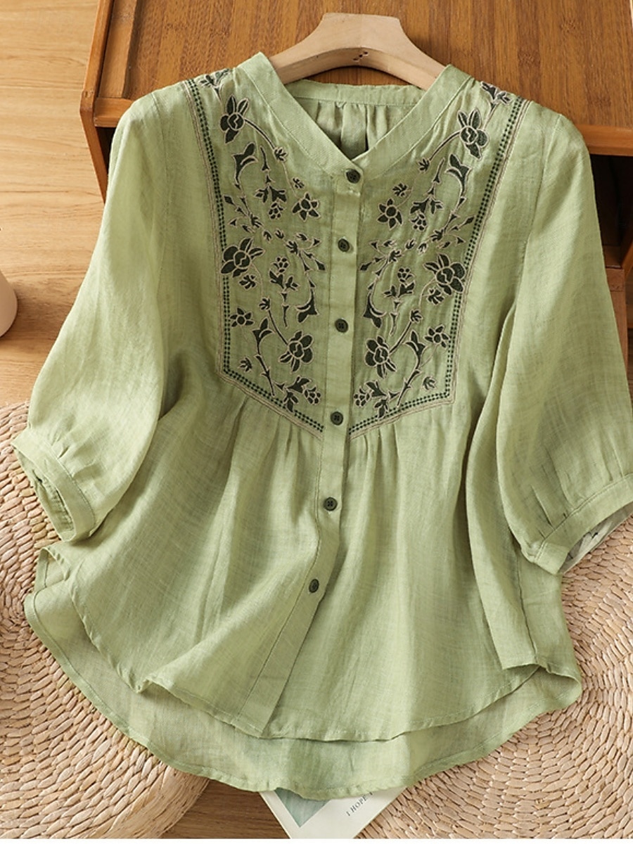 Femmes Chemises en coton et lin Fleuri Bohème Occasionnel Manche 3/4 Col ras du cou Hauts Réguliers Quotidien Broderie Vert Abricot Été Printemps Automne de 2025 ? $34.99 –P8