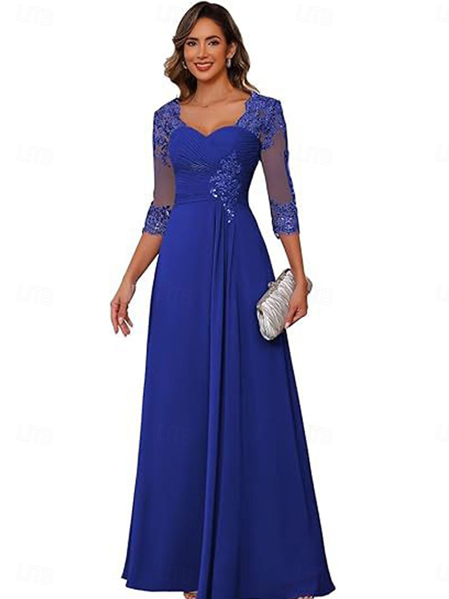 A-linje Kjole til brudens mor Elegant Enkel V-hals Gulvlengde Chiffon 3/4 ermer med Ensfarget 2025 2025 - $119.99 –P19