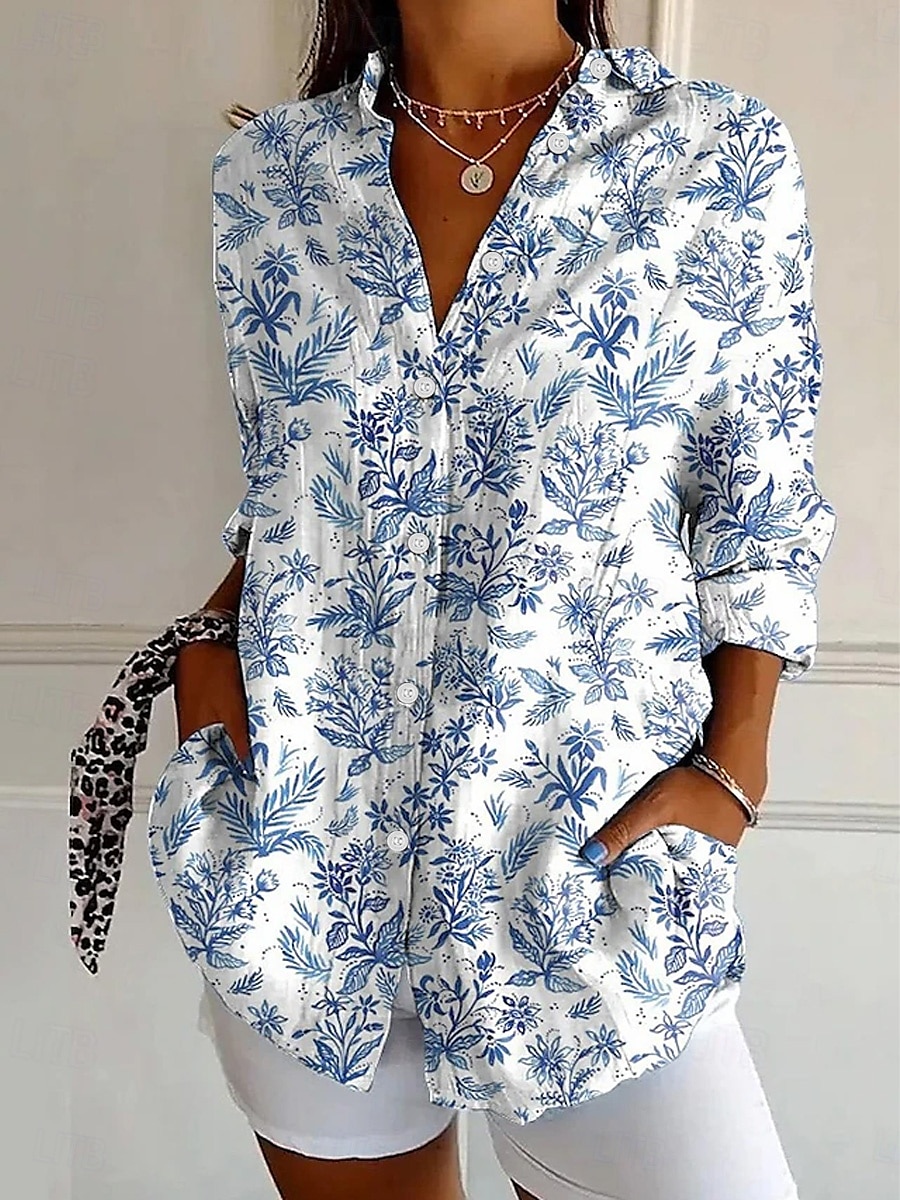 Dames Overhemd Blouse Bloem Casual Lange mouw Overhemdkraag Normale tops Dagelijks Feestdagen Uitgaan Knop Afdrukken Wit Geel blauw Paars Fuchsia Zomer 2025 - $25.99 –P6
