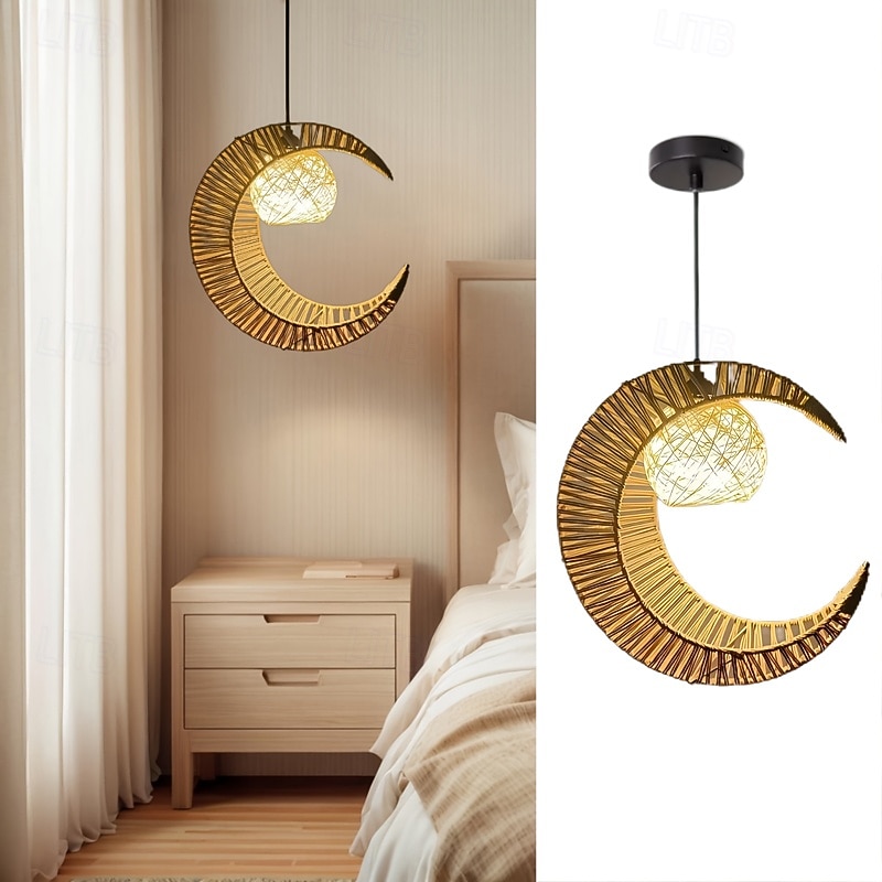 Luminária pendente vintage estilo country em formato de lua crescente, material de corda trançada de metal, 40 cm de altura, luz branca quente/branca, e26 e27, corrente ajustável de 2025 por $112.99 –P3
