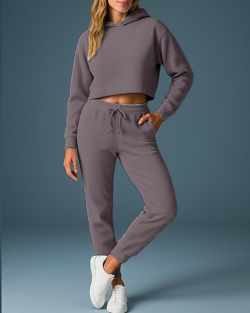 Femmes Ensemble Survetement Jogging Pantalon Sweat-shirt à enfiler Cordon de serrage À capuche Couleur Unie Ensemble Vêtements Printemps Gris foncé Noir Salle de sport Extérieur Course Taille haute de 2025 ? $39.99 –P9