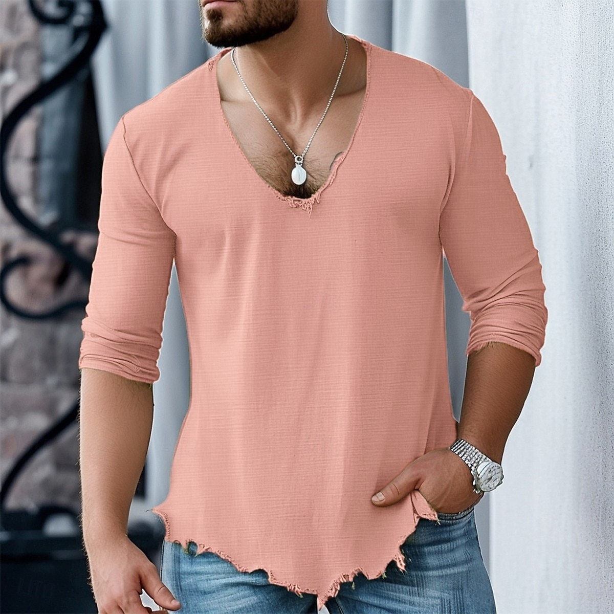 Herren Baumwoll-Leinen-Hemd T-Shirt Langarmshirt Langarm V Ausschnitt Sommer Frühling Einfarbig Täglich Lässig Trendy V-Ausschnitt Outdoor Straße Lässig Weiß Rosa Blau Top T-Shirt für Herren 2025 - $20.99 –P2