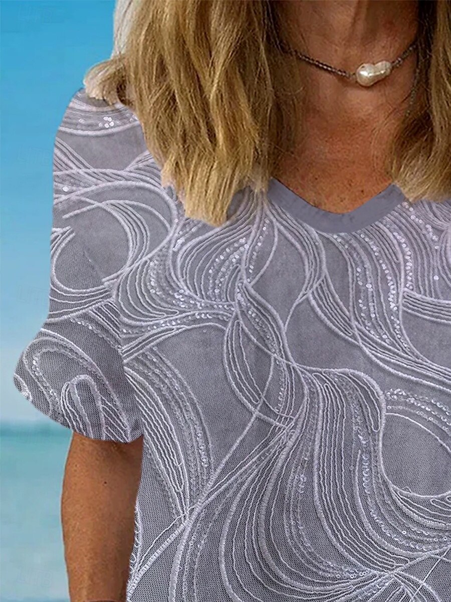 Femmes Chemise Graphique Géométrique Rayé Élégant Classique Occasionnel Manche Courte Col en V Hauts Réguliers Quotidien Tenue de plage Vêtements de vacances Imprimé Bleu Gris Été Printemps de 2025 ? $21.99 –P5