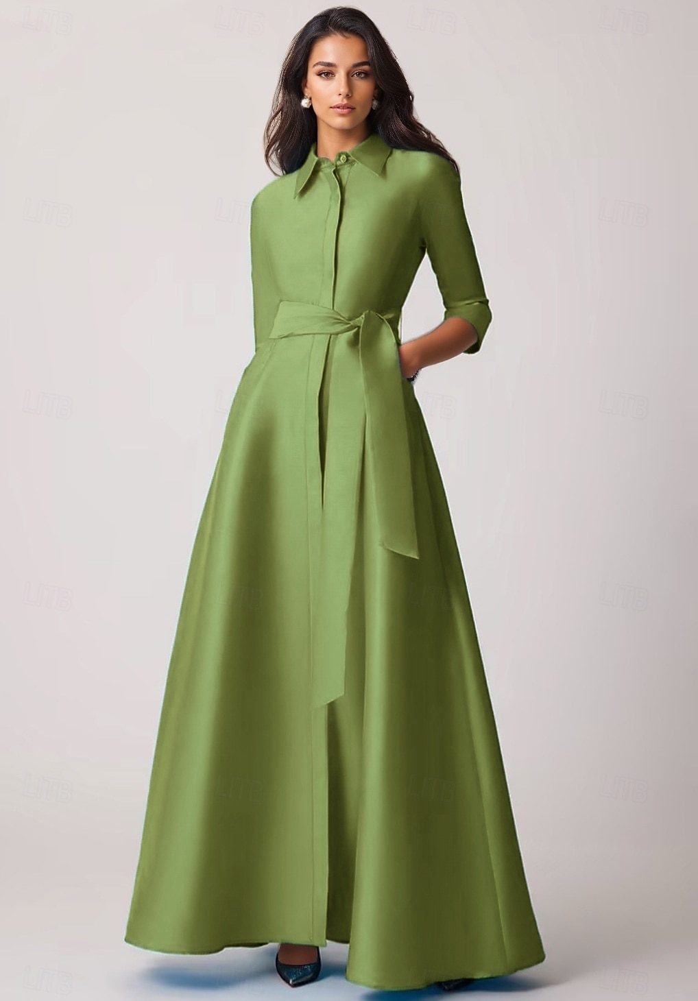 Abito da sera a trapezio abito elegante matrimonio formale da ospite lunghezza a terra manica a metà collo a revers tasca chiffon satin con fiocco/i tasca a spalline del 2025 a $142.99 –P3