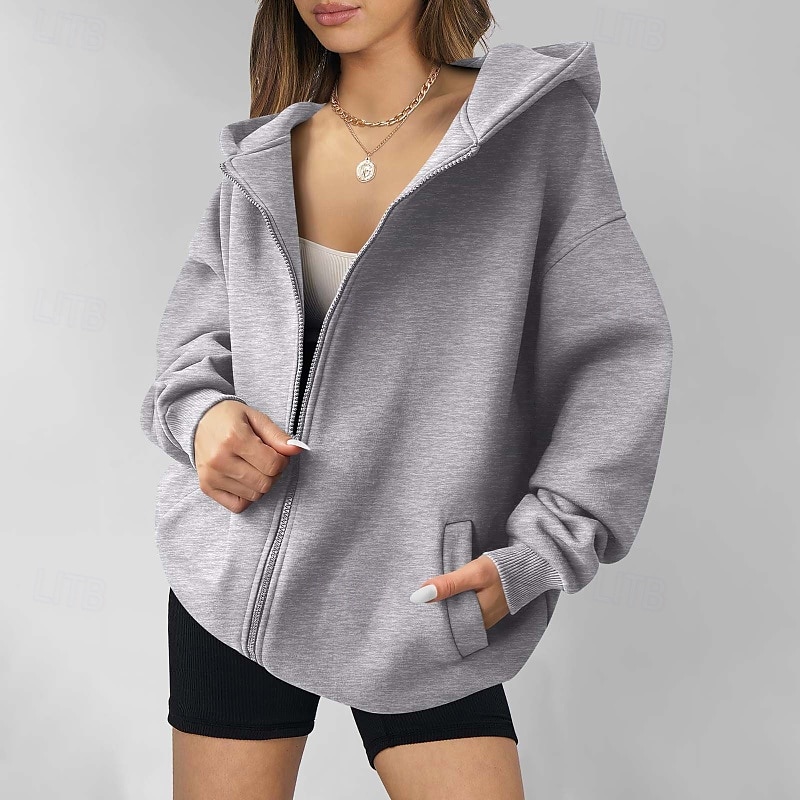 Dames Hoodies met rits Effen Casual Lange mouw Capuchon Normale tops Straat Feestdagen Uitgaan Vetoketju Zak blauw Bruin Licht Grijs Herfst Winter 2025 - $25.99 –P8
