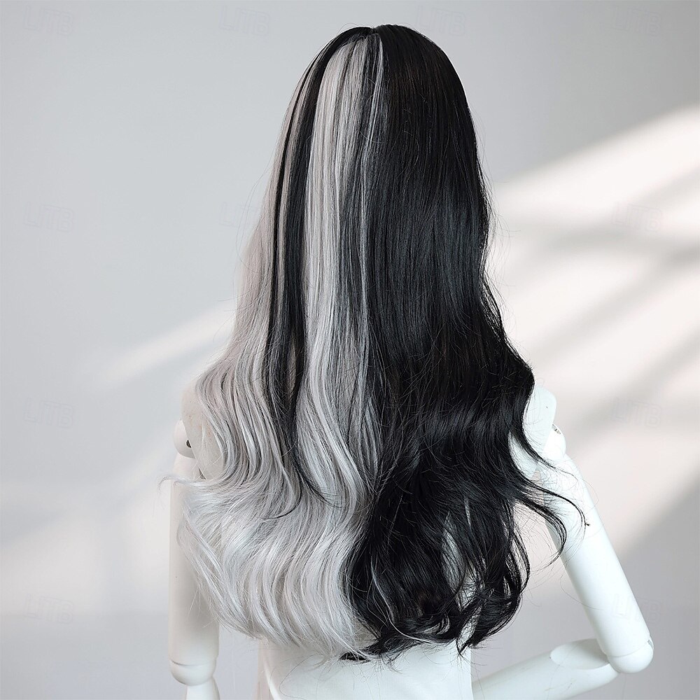 Parrucca ondulata nera e grigia da 24 pollici per donna: capelli bicolore alla moda con frangia, perfetta per costumi di Halloween e moda quotidiana del 2025 a $33.99 –P6