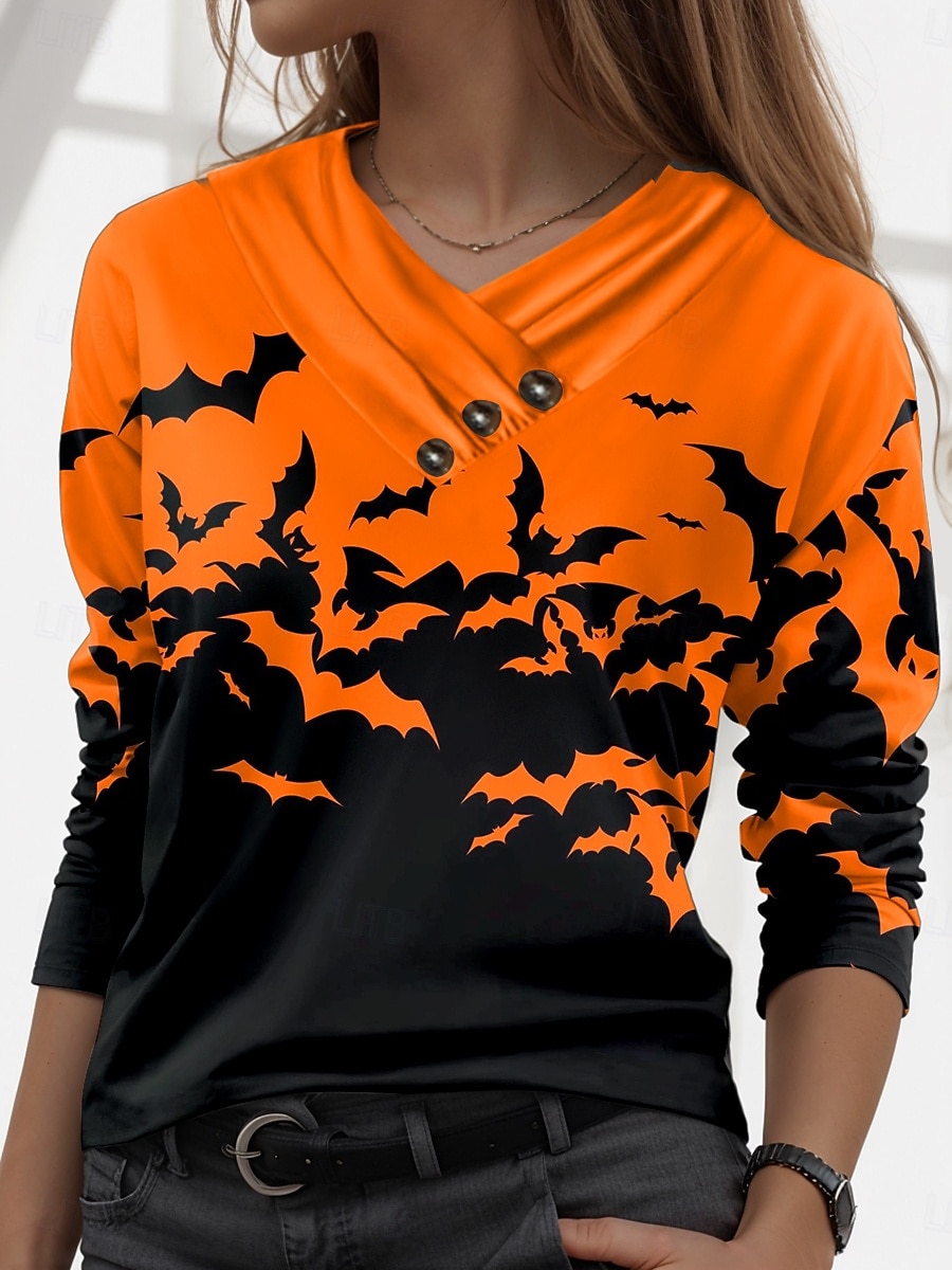 Halloween Femmes T-shirt ancien Élégant Occasionnel manche longue Col en V Hauts Réguliers Quotidien Boutons Imprimé Noir Jaune Orange Automne Hiver de 2025 ? $24.99 –P3