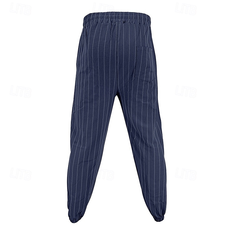 Homens Calças de linho Calças Calça verão Bolsos Cintura elástica Com Cordão Listrado Conforto Respirável Comprimento total Ao ar livre O negócio Diário Férias Negócio Preto Branco de 2025 por $23.99 –P6