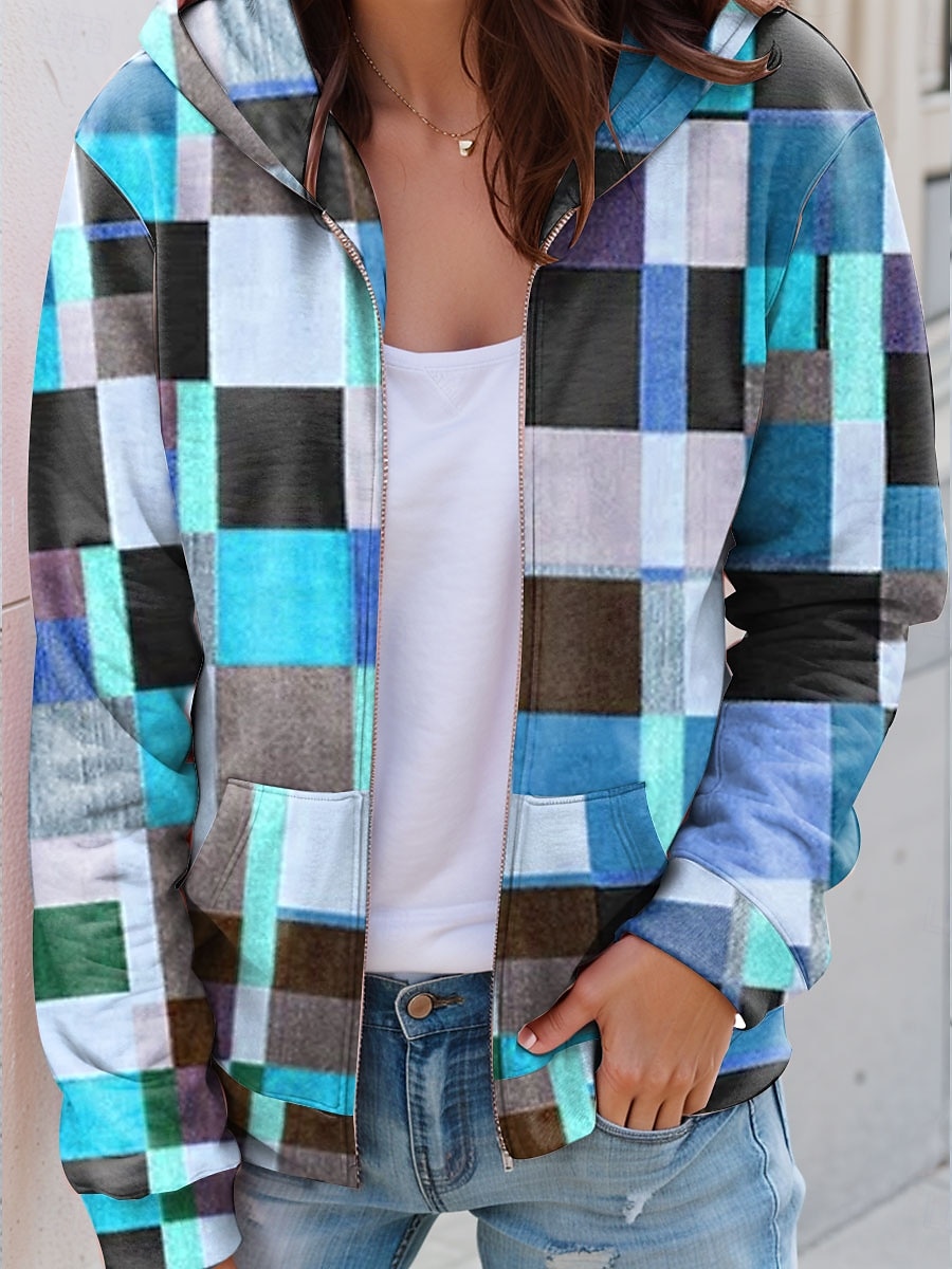 Veste à fermeture éclair pour femmes graphique à carreaux mode décontractée à manches longues à capuche tops réguliers vêtements de rue port quotidien poche impression blanc bleu violet orange vert de 2025 ? $27.99 –P5