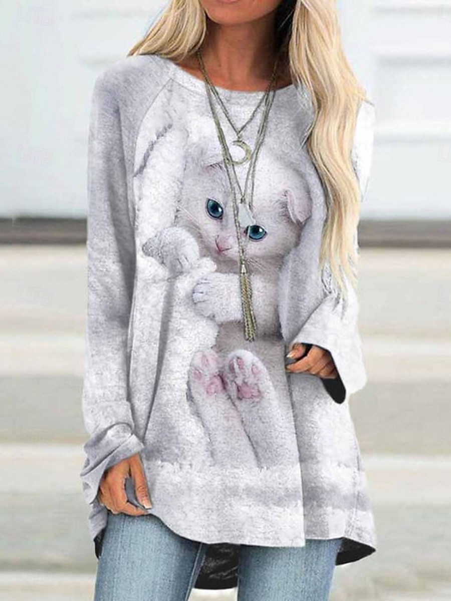 Dame T skjorte Grafisk Dyr Katt Årgang søt stil Stilfull Langermet Crew-hals Rund hals Lange topper Daglig Trykt mønster Hvit Rosa Blå Vår Høst 2025 - $24.99 –P3
