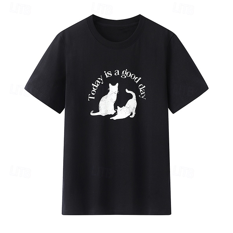 Maglietta da donna in 100% cotone con stampa di animali, gatti e lettere, elegante, basic, moderna, a maniche corte, girocollo, regular, per tutti i giorni, sportiva, per uscire, nera e bianca, del 2025 a $31.99 –P10