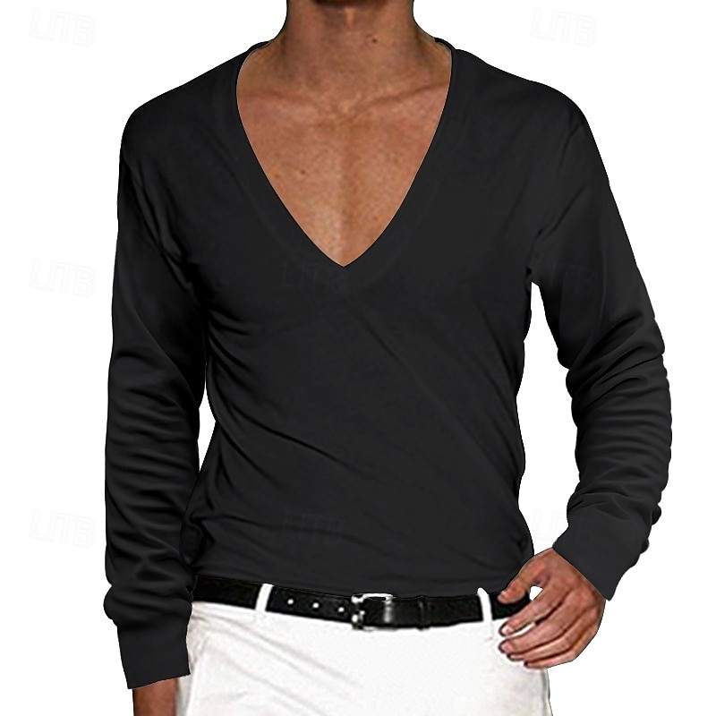 Herren T Shirt T-Shirt Langarm V Ausschnitt Sommer Einfarbig Einfach Mode Designer Basic Tiefes V Basic Urlaub Straße Lässig Schwarz Weiß Rot Top T-Shirt für Herren 2025 - $16.49 –P11