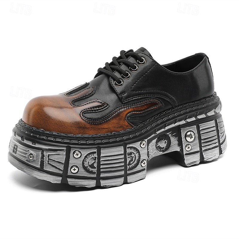Pantofi Oxford cu platformă gotică pentru bărbați, cu flăcări – pantofi cu talpă groasă în stil punk pentru cosplay, Halloween și streetwear 2026 - $99.99 –P1