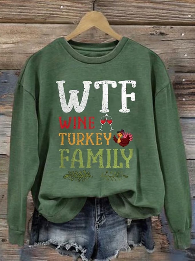 Women's Casual Wtf Wine Turkey Family Print Hoodies Letter Casual Long Sleeve Round Neck Regular Tops Work White Orange Green Gray Fall Winter 2025 - $24.99 –P3