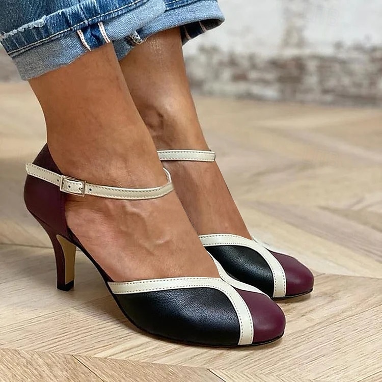 dámské retro dvoubarevné lodičky na vysokém podpatku – růžový a modrý pásek s mašlí, perfektní pro outfity inspirované vintage a neformální elegantní vzhled 2025 - Kč939 –P7