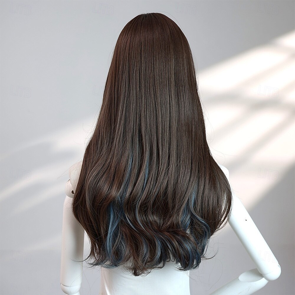 Peruca ondulada bicolor preta e azul de 22 polegadas para mulheres – franja completa, cabelo comprido, perfeita para looks de Halloween, cosplay e moda de 2026 por $32.99 –P5