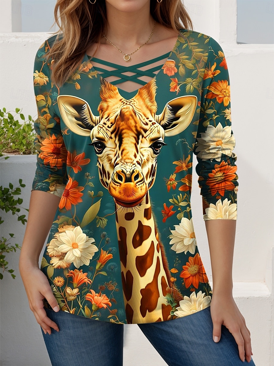 Femmes T-shirt Graphique Animal Girafe ancien Élégant Classique manche longue Col en V Hauts Réguliers Quotidien Découpé Imprimé Rose Claire Bleu Vert Rose Printemps Automne de 2025 ? $22.99 –P4
