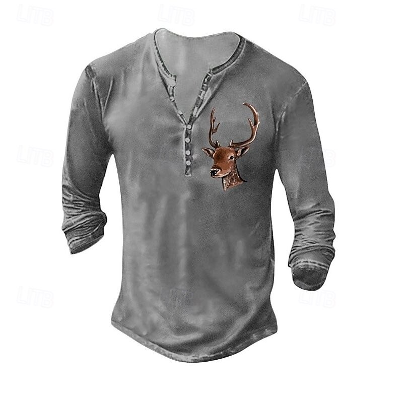 Herren Henley Hemd T-Shirt Langarmshirt Langarm Henley Sommer Herbst Muster Hirsch Mode Designer Mode Jahrgang Urlaub Straße Ausgehen Dunkelgrau Schwarz Weiß Top T-Shirt für Herren 2025 - $19.99 –P1