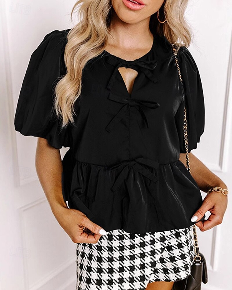 Femmes Chemisier Uni Moderne Occasionnel Manche Courte Col ras du cou Hauts Réguliers Quotidien Fête Sortir Œillet Noir Automne de 2025 ? $28.99 –P3