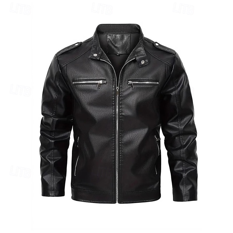 Bărbați Δερμάτινα μπουφάν Geaca de motociclist Geaca de motociclete Vacanță Zilnic Rezistent la Vânt Cald Buzunar Toamnă Iarnă Simplu Modă Clasic Guler de stand Regulat Negru Jachete 2025 - $42.99 –P1