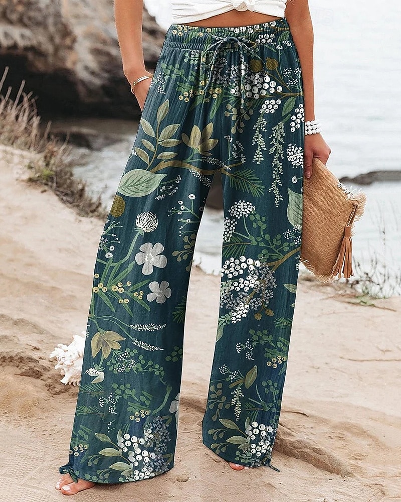 Women's Wide Leg Pants Trousers Palazzo Pants Fashion Boho Full Length High Waist Flower Drawstring Elastic Waist Print Breathability Comfortable Street Daily Wear Going out Dark Blue Spring Fall 2026 - $24.99 –P1
