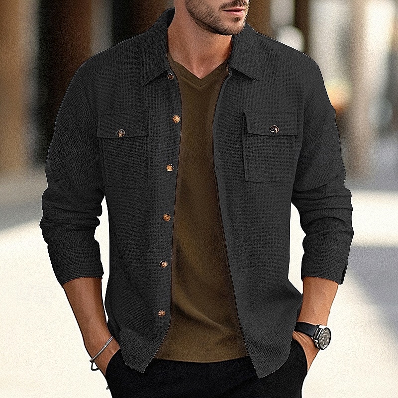 Homens jaqueta leve Jaqueta Waffle Jaqueta de Camisa Jaqueta casual Férias Diário Respirável Bolsos Primavera Outono Tecido Moda Clássico Lapela Padrão Preto Branco Vinho Verde Escuro cáqui Casaco de 2025 por $26.99 –P10