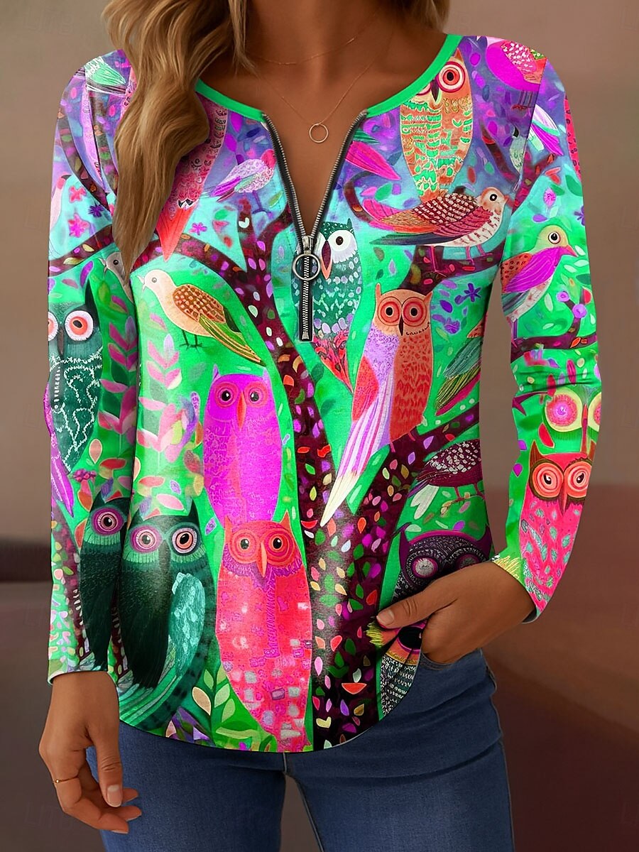 Femmes T-shirt Graphique Chouette Élégant ancien Classique manche longue Col en V Hauts Réguliers Quotidien Week-end Fermeture éclair Imprimé Rose Claire Bleu Orange Vert Printemps Automne de 2025 ? $23.99 –P3