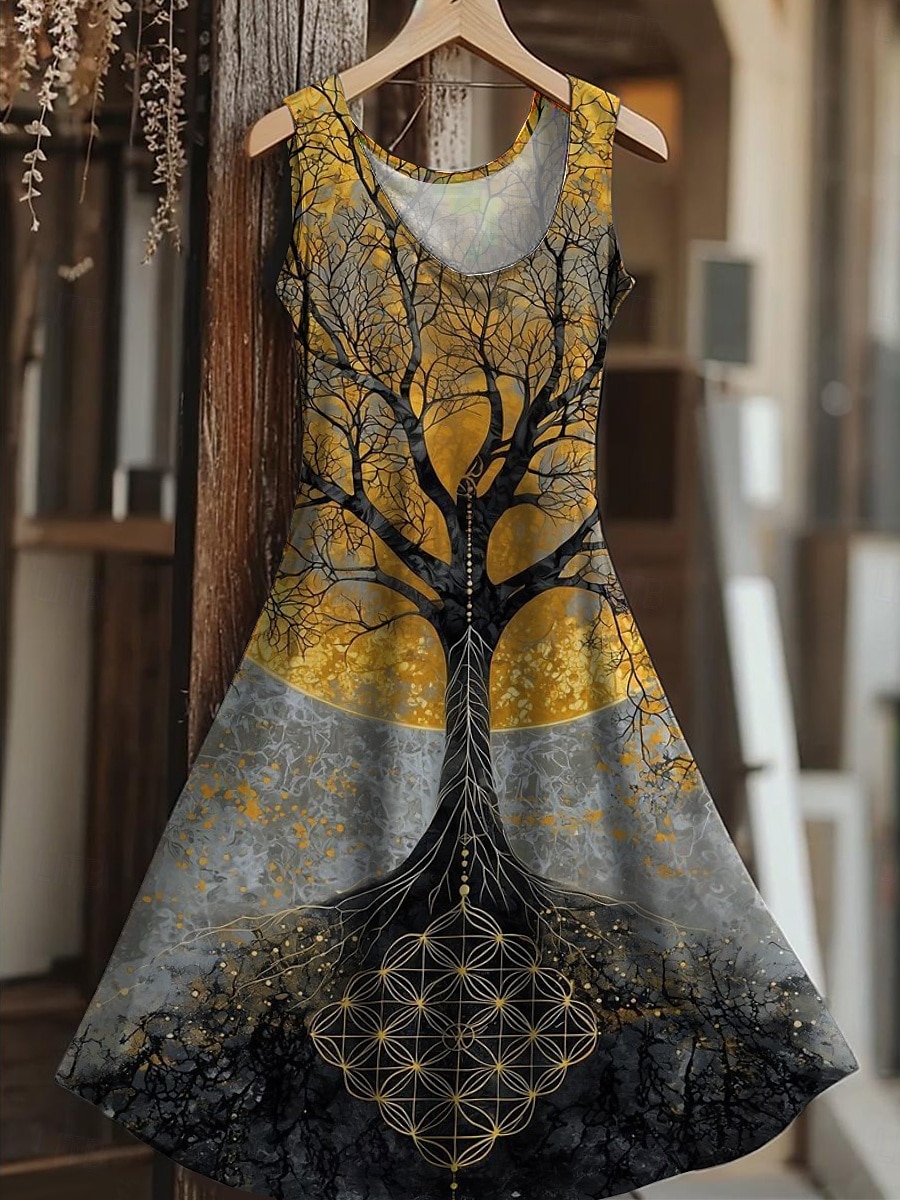 Women's Tree of Life Merkabah Mini Dress Sundress A Line Dress Vacation Casual Boho Wedding Party Going out Regular Fit Floral Graphic Leaf Sleeveless U Neck Yellow Red Blue Summer Spring 2025 - $21.99 –P2