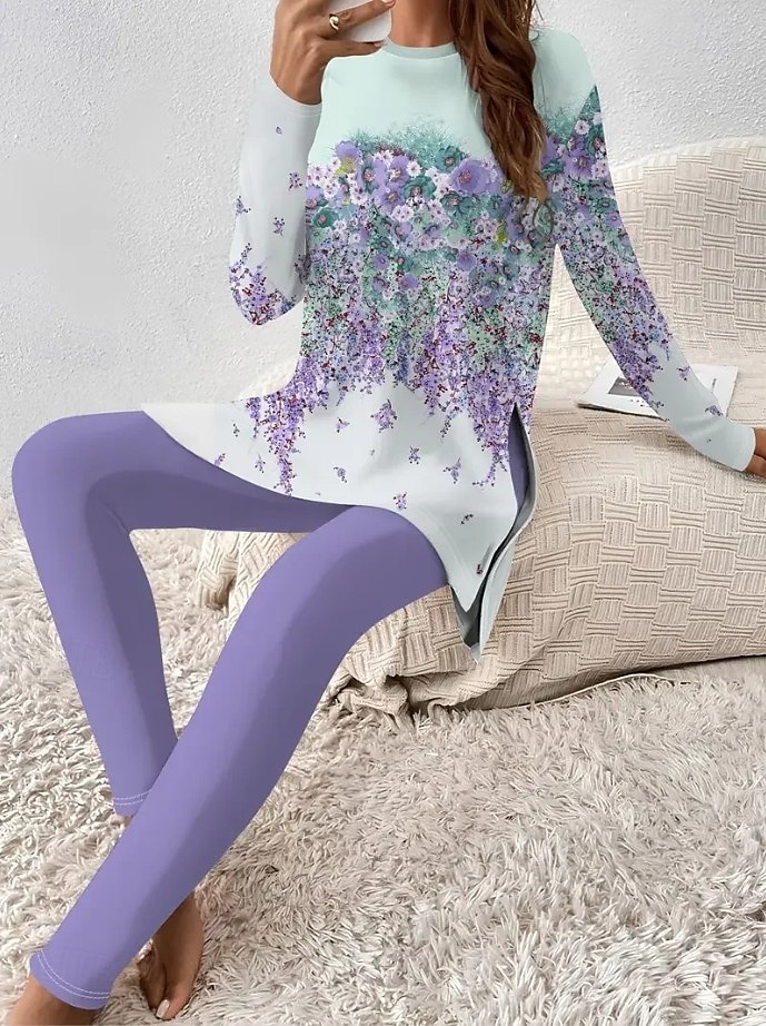Komplet piżamowy dla kobiet dresy okrągły dekolt długi rękaw casual moda spodnie z nadrukiem kwiatowa grafika codzienne biały winogronowy fioletowy regularny krój 2025 - $31.99 –P3