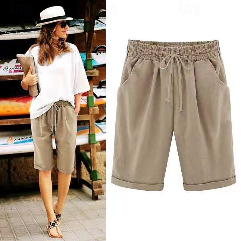 loungeshorts för kvinnor i ren färg elastisk midja med dragsko enkel avslappnad komfort hem daglig semester ventilerande ficka fempunktsbyxor 2025 - $17.99 –P12