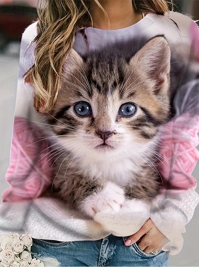 Dame Genser med genser Grafisk Dyr Katt Fritid Langermet Crew-hals Vanlige topper Gate Avslappet Ferie Trykt mønster Rosa Mørk Rosa Brun Mørkeblå kaffe Vår Høst Vinter 2025 - $28.99 –P5