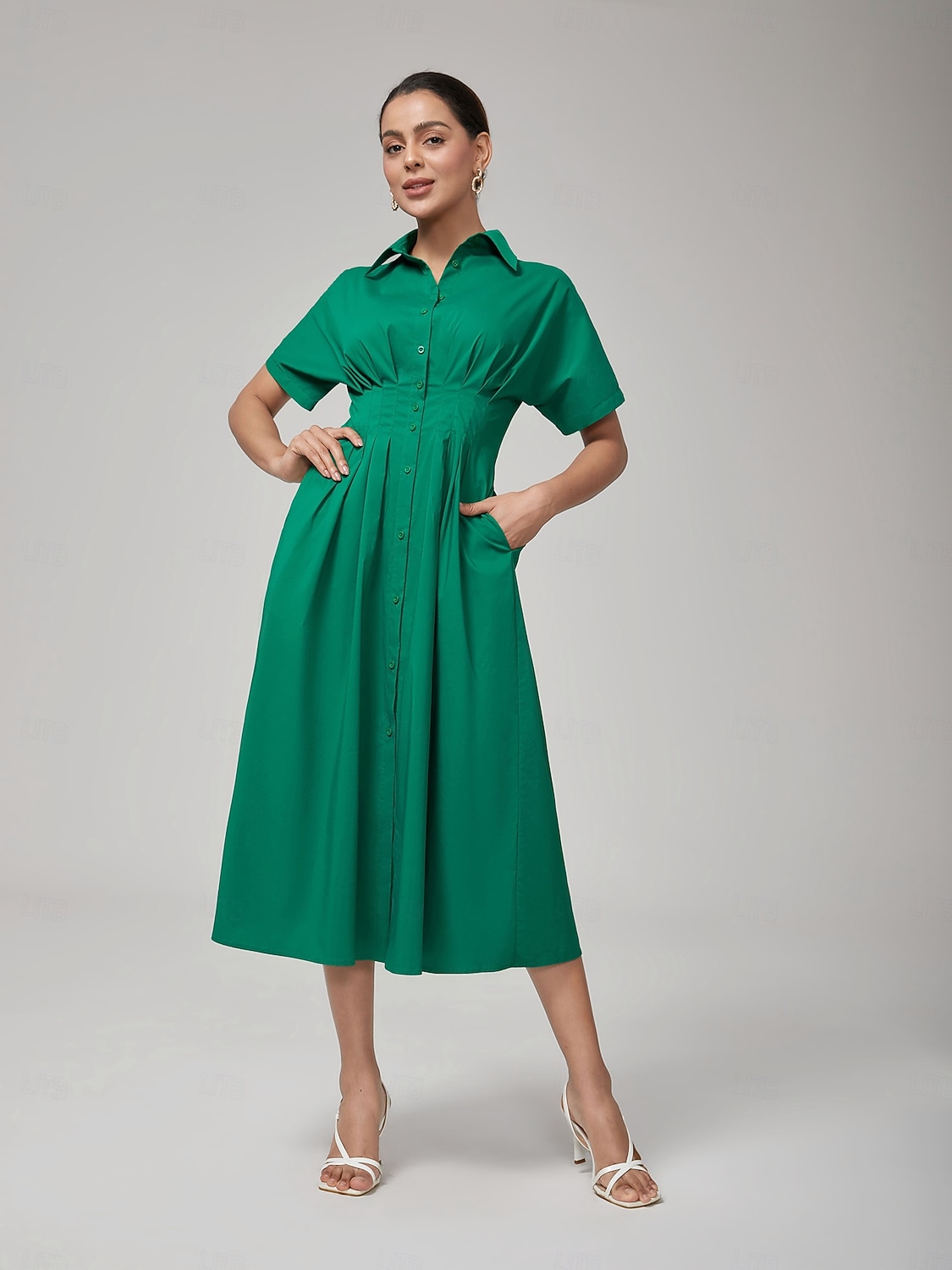 dam maxiklänning vintage grön bomull veckad midja skjortkrage avslappnad elegant vår sommar höst 2026 - $102.99 –P2