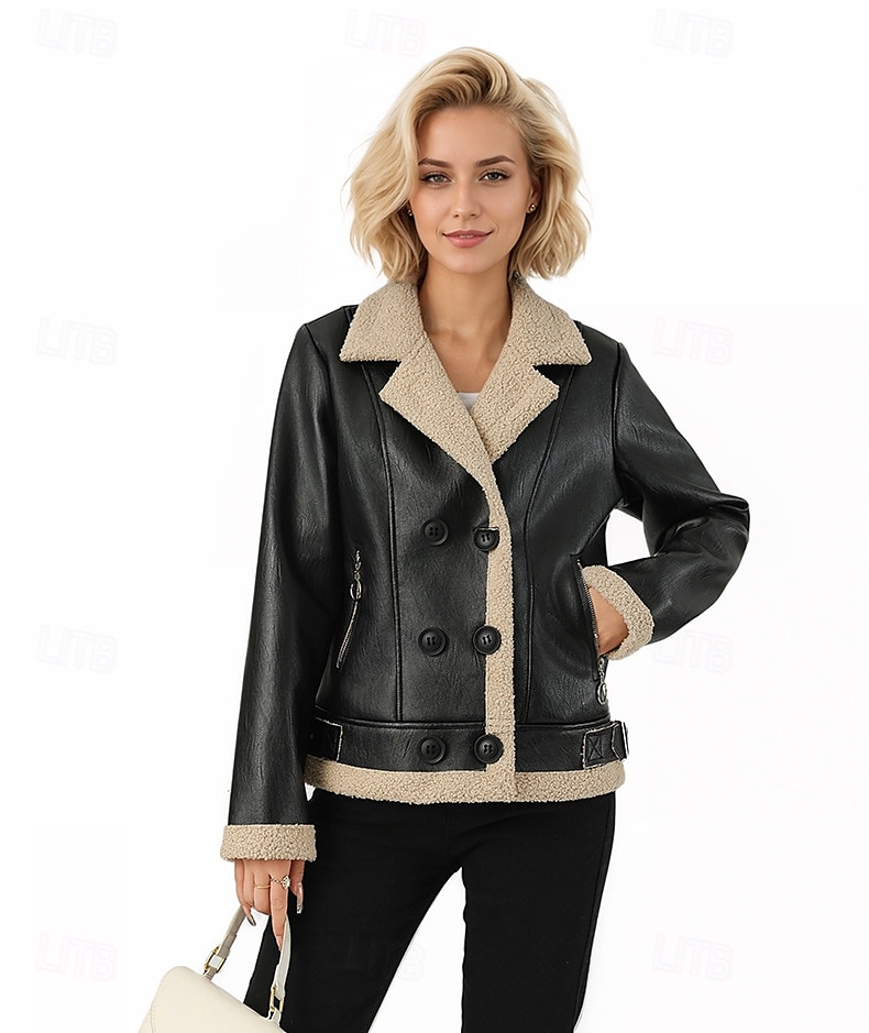 Femmes Veste en Similicuir Veste en Polaire Chaud Fermeture éclair Avec Poches Boutons ancien Mode Occasionnel Uni Rue Occasionnel Tenue quotidienne Court Revers Cranté Coupe régulière manche longue de 2025 ? $52.99 –P1