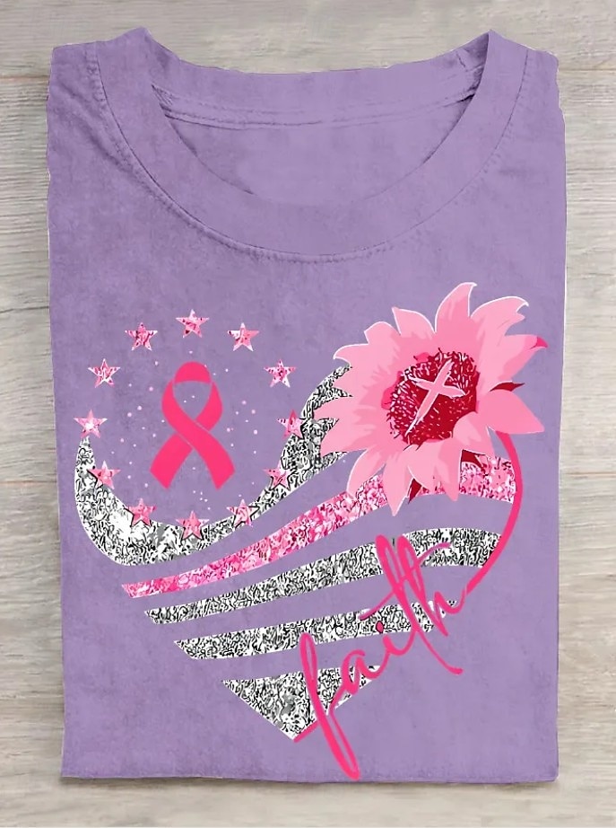 Pakiet raka piersi w październiku nosimy różową damską koszulkę z grafiką roślinną, stylową, klasyczną, z krótkim rękawem, okrągłym dekoltem, regularną, codzienną, weekendową 2025 - $21.99 –P9