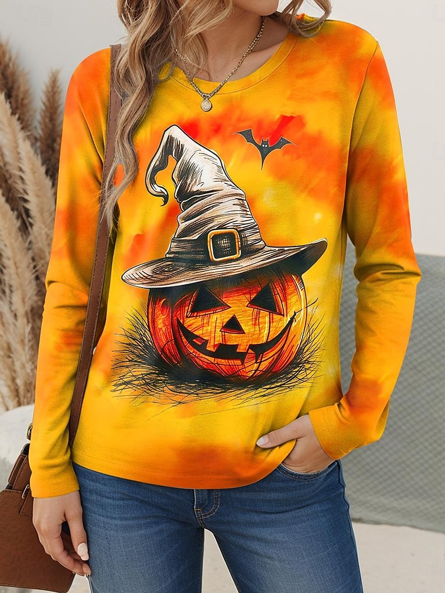 Halloween Pentru femei Tricou Grafic Dovleac Epocă Stilat Clasic Manșon Lung Stil Nautic Topuri obișnuite Zilnic Sfârșit de săptămână Imprimeu Negru Roșu-aprins Fucsia Portocaliu Primăvară Toamnă 2025 - $22.99 –P1