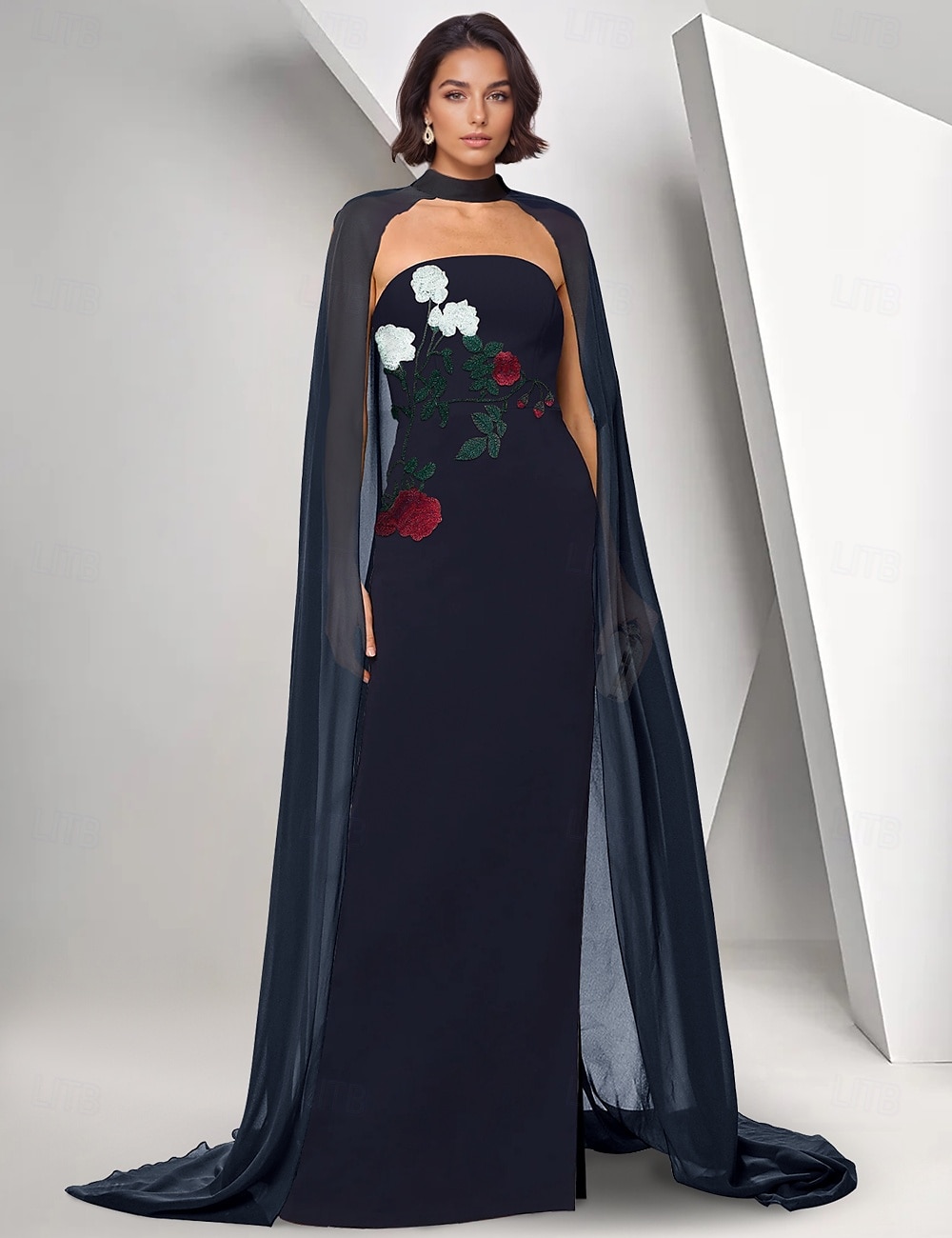 Robe à fleurs brodée, robe cape, robe fourreau/colonne, robe de soirée, crêpe extensible, robe élégante, robe de mariée formelle, longueur au sol, sans manches, sans bretelles, 2025 de 2025 ? $155.99 –P1
