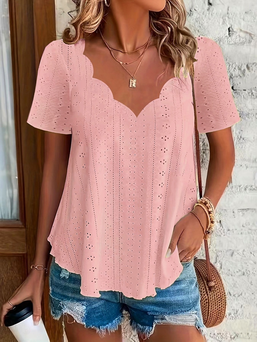 Dame Sommertopper Helfarge Stilfull Fritid Kortermet V-hals Vanlige topper Daglig Svart Hvit Rosa Lyseblå Sommer Vår 2025 - $18.99 –P2
