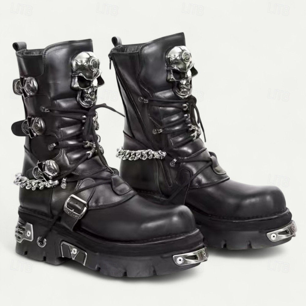 czarne, gotyckie buty bojowe męskie z klamrami w kształcie czaszki – sznurowane botki w stylu punkowym, idealne do jazdy na motocyklu i na Halloween 2025 - $229.99 –P2